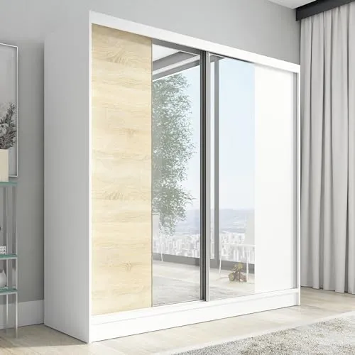 A&J MöbelLand Schwebetürenschrank Solo Kleiderschrank 2-türig mit Spiegel Garderobenschrank 200 cm (Weiß)