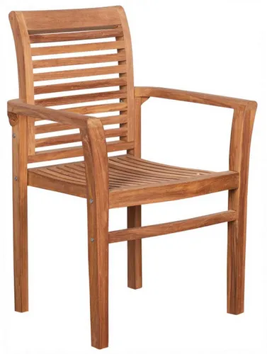 MR.DEKO Gartenstuhl Stapelstuhl Derby Teak mit Armlehnen - Stapelbarer Teak Gartenstuhl Derby, witterungsbeständig und ideal für stilvolle Terrassen oder Balkone. Ergonomische Rückenlehne für höchsten Sitzkomfort.