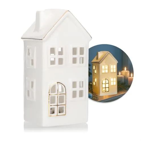 com-four® LED-Haus aus Porzellan - batteriebetriebenes Leuchthaus - weißes glänzendes Deko-Lichthäuschen für Winter und Weihnachtsdekoration (Haus - 15cm)