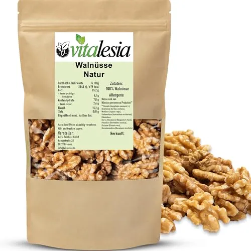 Vitalesia Walnüsse naturbelassen 1kg - Premium Nüsse aus Chile - Walnüsse, ungesalzen und ungeröstet, reich an Nährstoffen und perfekt als Snack oder für kreative Rezepte. Ideal für eine gesunde Ernährung!