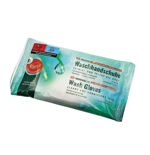 DocMed Einmal-Waschhandschuh Einmal-Waschhandschuhe, feucht, 15 x 22 cm (8 Stck) (Einwegpflegehandsuche 8-St. Pflegebedarf Hautpflege), mit Vitamin E und Aloe Vera