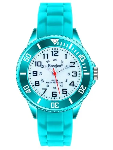 Brecjon Kinder Armbanduhr Jungen Mädchen Lernuhr Silikonuhr Kids 5ATM wasserdicht Leuchtzifferblatt türkis 2602