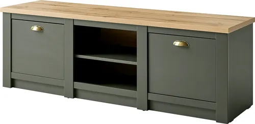 Lomadox Lowboard CINCINNATI-61, Landhausstil in Dunkelgrün - Lowboard CINCINNATI-61 in grün mit Wotaneiche Dekor, bietet stilvollen Stauraum und nostalgische Eleganz für dein Wohnzimmer. Robust und langlebig, ideal für entspannte Fernsehabende.