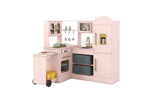 COSTWAY Kinderküche - Rosa mit Licht & Sound - Erlebe mit der COSTWAY Kinderküche spannende Kochabenteuer! Diese platzsparende Eckküche bietet zahlreiche Funktionen wie Mikrowelle, Spüle und Herd mit realistischen Lichteffekten. Perfekt für kreatives Spielen und die Entwicklung von Organisationstalent!