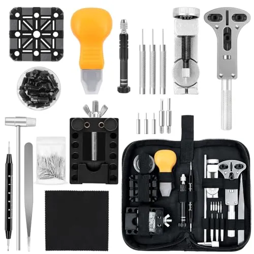 AiQInu Uhrmacherwerkzeug Set 150 TLG,Uhrenwerkzeug Batteriewechsel,Uhren Werkzeuge Set Einstellbar Gehäuseöffner Stiftausdrücker Schraubendreher,Uhrenarmband Uhr Reparatur Werkzeug Set