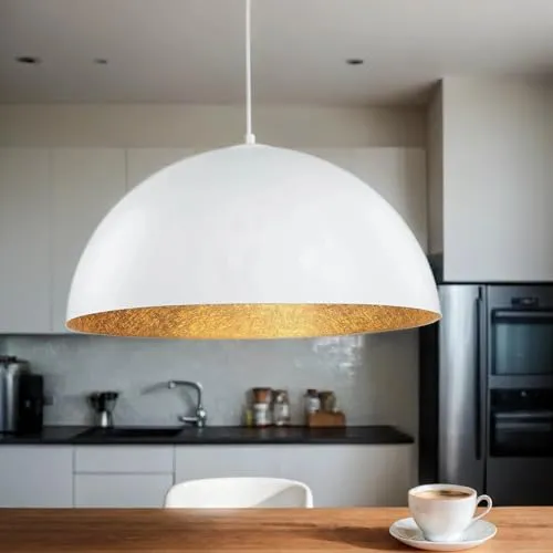 Hängeleuchte Industrial Weiß Gold Ø50cm - Elegante Pendellampe für Esszimmer und Wohnzimmer - Moderne Hängeleuchte aus lackiertem Stahl mit schimmerndem Gold-Innenraum, ideal für Gipskartondecken. Höhenverstellbar und perfekt über dem Esstisch.