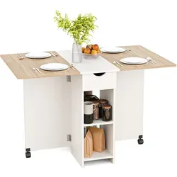 Mondeer Klappbarer Esstisch mit Schublade und Lagerregalen - Platzsparender Esstisch aus Eiche und Weiß, ideal für kleine Räume, erweiterbar für 4-6 Personen und bietet zusätzlichen Stauraum.
