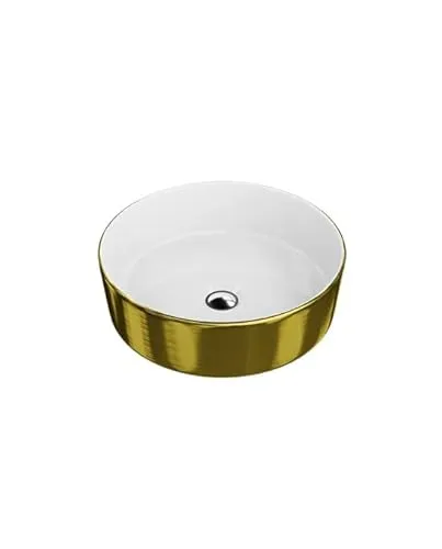 LAVITA Aufsatzwaschtisch Merida Brushed Gold Aufsatzwaschbecken Rund Waschbecken Ohne Überlauf und Hahnloch Aus hochwertigem Porzellan Waschtisch modernes Badkeramik Waschplatz 37x37x12 cm Weiß/Gold