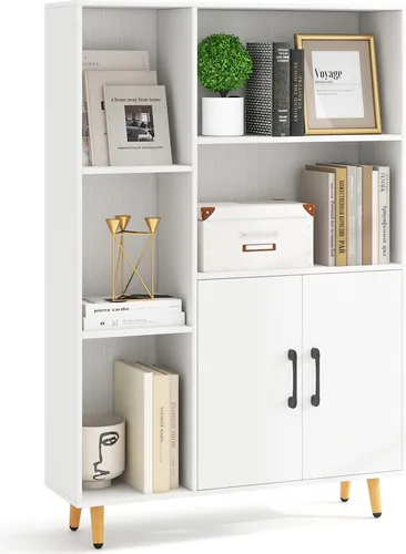 COSTWAY Weißes Bücherregal mit Türen und offenen Fächern, Stehendes Regal, Freistehendes, Büroregal, Sideboard, Kommode