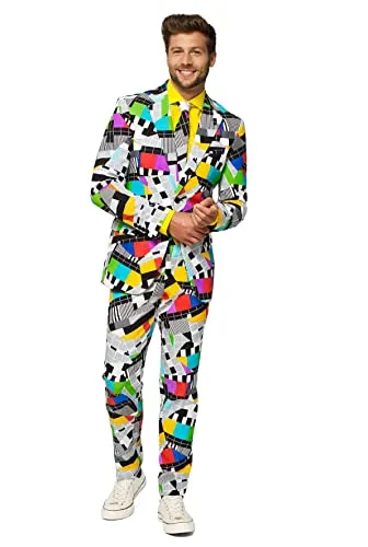 OppoSuits Lustige Abschlussball Anzüge für Herren - Komplettes Set mit Jackett, Hose und Krawatte - Anzüge für Herren, auffälliges Retro-TV-Print für jede Veranstaltung, perfekt für Partys, Hochzeiten und Junggesellenabschiede.