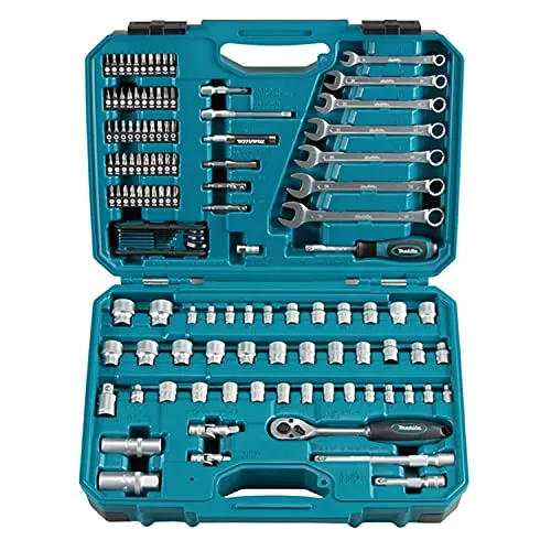 Makita Werkzeugkoffer E-06616, 120-teiliges Werkzeug-Set im Klappkoffer - Werkzeugkoffer mit 120 hochwertigen Werkzeugen aus Chrom-Vanadium-Stahl, ideal für Profis und Heimwerker. Robuster Klappkoffer mit verstärkten Ecken und abschließbarem Verschluss.