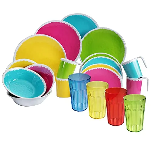 Melamin Camping Geschirrset für 4 Personen - 20 Teile - mit Trinkgläsern Bunt 630 ml - Essgeschirr modernes Campinggeschirr