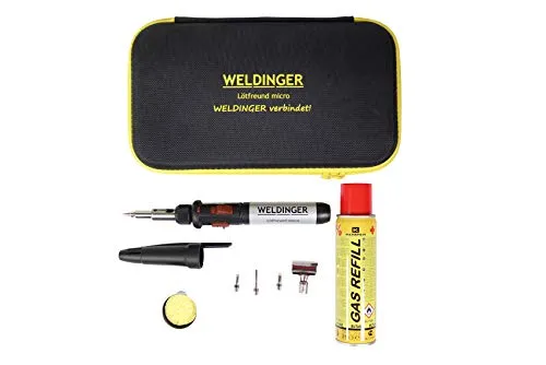 WELDINGER Lötfreund micro Gaslötkolben mit Zubehörset - Vielseitiger Gaslötkolben für präzise Feinlötarbeiten im Modellbau und Schmuckbereich. Mit Piezozündung, Ablageständer und stufenloser Temperaturregelung von 450 bis 680 °C. Ideal für verschiedene Anwendungen!