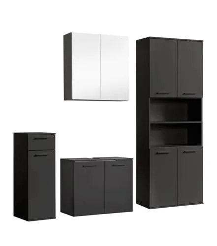 mokebo® Badmöbel Set 4-teilig 'Der Steuermann' in Anthrazit-Schwarz - Praktisches Badezimmer Set mit Unterschrank, Beistellschrank, Spiegelschrank und Hochschrank. Hochwertige Verarbeitung und modernes Design bieten viel Stauraum für Badutensilien und sorgen für Ordnung.