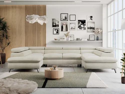 MKS MEBLE Sofa U-Form mit Schlaffunktion - Beige Velvet Hydrophob - Bequeme Wohnlandschaft mit Schlaffunktion und großzügigem Stauraum. Verstellbare Kopfstützen bieten individuellen Komfort. Ideal für Ihr modernes Wohnzimmer und vielseitig einsetzbar.
