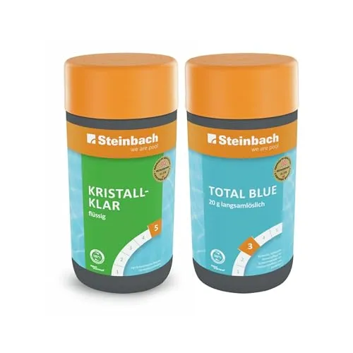 Steinbach Poolpflege Starter-Set | Kristallklar flüssig + Total Blue - Chlor für effektive Algenbekämpfung: Langsam lösliche 20g Tabletten sorgen für langanhaltende Reinigung und kristallklares Poolwasser.