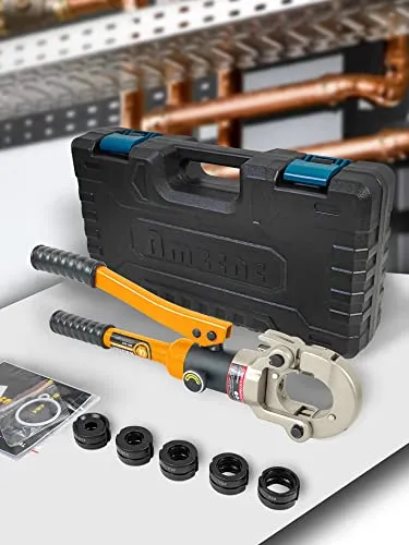 AMZCNC Profi Presszange V-Kontur Set 12-28 mm - Crimpzange mit 180° drehbarem Kopf, ideal für Kupfer- und Edelstahlrohre, bietet bis zu 8 Tonnen Druck für präzise Verbindungen und ist robust und langlebig.