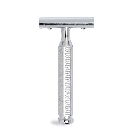 MERKUR Rasierhobel 42C | Klassiker mit Hexagonalgriff Glanzchrom | Dreiteiliger Rasierer mit geradem Schnitt | Geschlossener Kamm | Ideal für Nassrasur | Messing Griffstück | Made in Germany