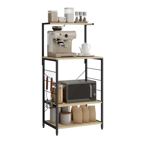 WOLTU Küchenregal Standregal, Mikrowellenhalter Bäcker Regal Haushaltsregal, Schwarz + Hell Eiche, 60 x 123 x 40 cm