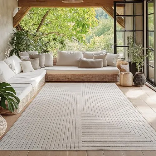 HomebyHome Teppich Wohnzimmer, Schlafzimmer, Wintergarten, Kurzflor Creme, Hoch-Tief-Effekt, weich & waschbar, Outdoor geeignet, pflegeleicht, 120x170 cm