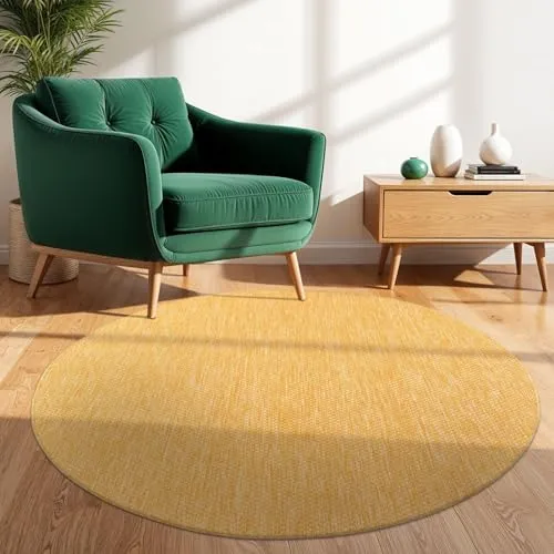 TT Home Teppich Für Outdoor Küchenteppich Balkon Terrasse Unifarbenes Design Modern, Farbe: Gelb, Größe:200 cm Rund