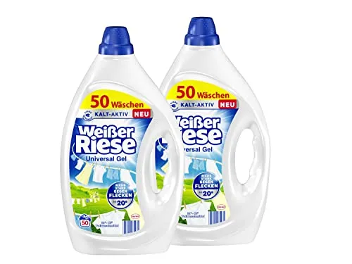 Weißer Riese Universal Gel 100 WL (2 x 50 Waschladungen), Vollwaschmittel sorgt für strahlend saubere Wäsche & wirkt riesig stark gegen Flecken, Kalt-Aktiv schon ab 20° C, 100% recycelbar*