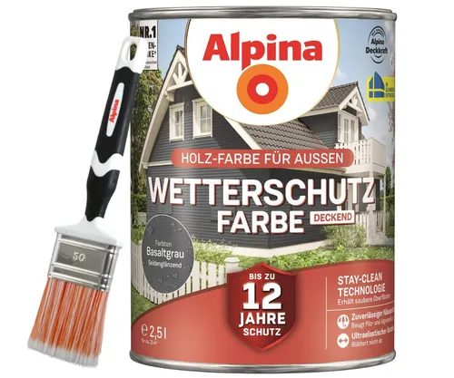 Alpina Holzschutzlasur - Set - Wetterschutz-Farbe deckend 2,5L + Pinsel 50mm