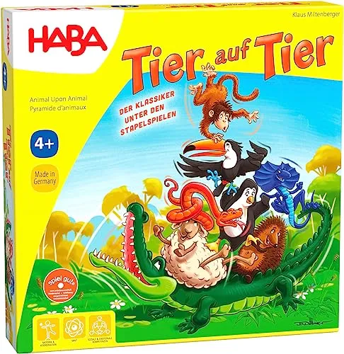 HABA Tier auf Tier – Stapel- und Würfelspiel - Gesellschaftsspiel aus Holz mit 29 Tieren, fördert spielerisch Feinmotorik & Konzentration für Kinder ab 4 Jahren – ideal für die ganze Familie.