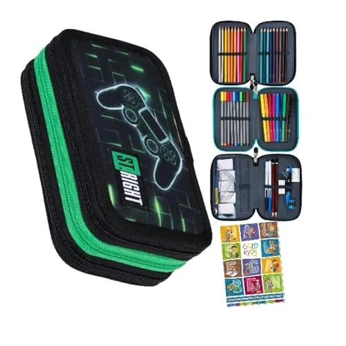 Goldkids Federmäppchen 3 Fächer - Gamepad Motiv für Schüler - Federmäppchen mit 46-teiligem Zubehör, robust und langlebig, ideal für die Schule. Mit sicherem Reißverschluss und modernem Design motiviert es Kinder zur kreativen Nutzung.