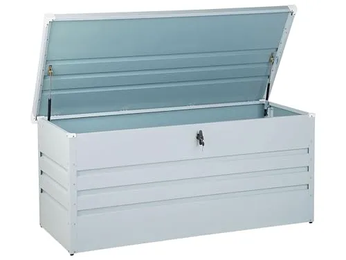 Beliani Große Metall-Gartentruhe 400 l hellgrau - Auflagenbox für den Garten mit 400 L Volumen, wasserdicht und mit Gasdruckfeder für einfaches Öffnen. Ideal zur sicheren Aufbewahrung von Kissen und Gartenutensilien.