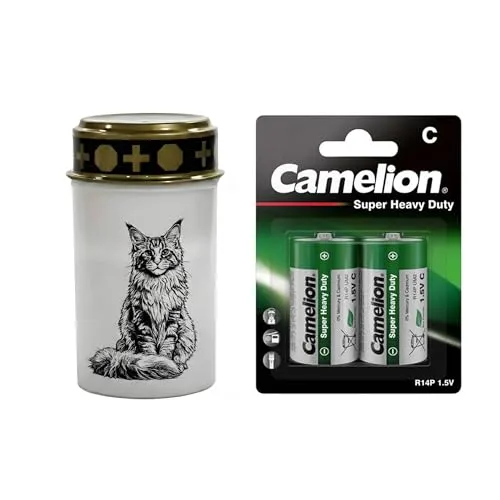 Fachhandel Plus LED Grablicht Katze, batteriebetriebenes Gedenklicht mit flackernder LED Flamme als sicherer Grabschmuck für Tiergrab und Gedenkplatz