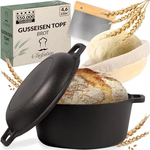 Chefarone Gusseisen Brotbacktopf 26 cm - Brotbackkastenformen – Vielseitiger Gusseisen Topf mit Gärkorb und Teigschaber, perfekt für Brotbacken und hitzebeständig bis 300°C, ideal für alle Herdarten.