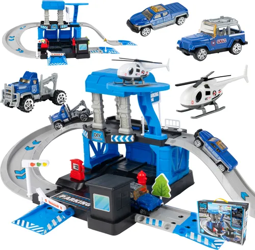 Malplay Parkhaus Polizeistation Bodensockel Set mit 3 Autos Hubschrauber ab 3 Jahren Geschenk