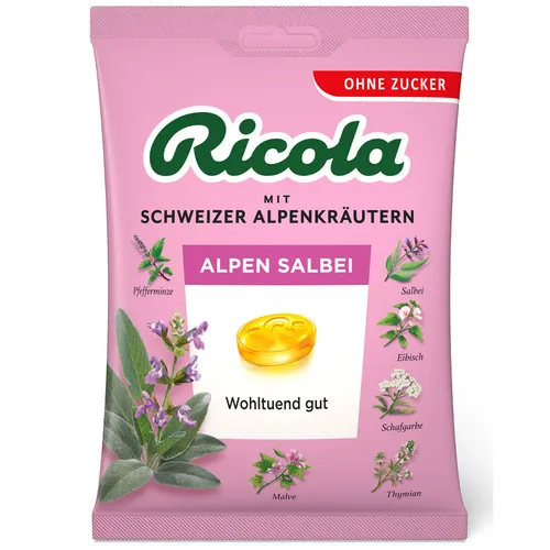 Ricola Alpen Salbei Bonbon ohne Zucker 75 g - Hartkaramellen & Hartbonbons mit dem einzigartigen Geschmack der Schweizer Alpenkräuter, zuckerfrei und ideal für eine wohltuende Erfrischung.