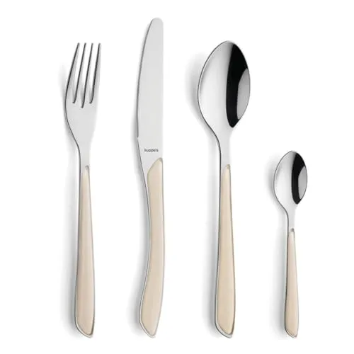 Kuppels Prisma Besteck Set für 6 Personen aus Edelstahl - 24-teiliges Besteckset mit bunten Kunststoff-Griffschalen in Baumwoll-Weiß, rostfrei und spülmaschinenfest – ideal für stilvolle Esstische und einfache Reinigung.