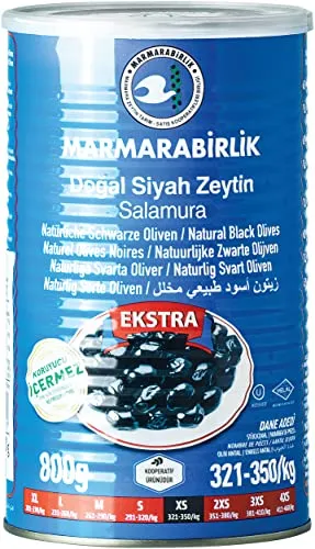 MARMARABIRLIK Oliven, in Salzlake, echte schwarze Tafeloliven, ganz, natürlich gereift und fermentiert, mit Stein, aromatisch (1 x 800 g)