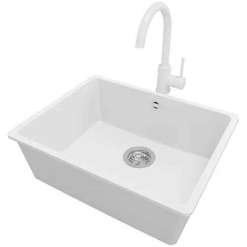 PRIMAGRAN Unterbauspüle Granit Weiß 56x44cm mit Küchenarmatur und Ablauf-Set