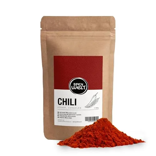 Spicy Welt Chili Gemahlen (250g) – Fein Gemahlenes Chilipulver für Chili Con Carne, Currys & Eintöpfe & Marinaden | Angenehm Scharf, Wärmend & Aromatisch | 100% Naturrein, Ohne Zusätze