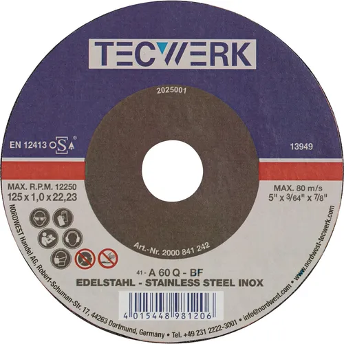 Trennscheibe INOX D115x1mm ger.INOX Bohr.22,23mm TECWERK