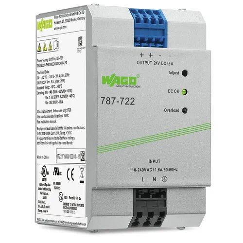 WAGO 787-722 ECO-NETZGERÄT 24V 5A PRIM. GETAKTET - Diverse D - Primär getaktetes Netzgerät mit 24V, 5A, selbstkühlend und ideal für den Schaltschrankeinbau, sicher und stabil mit galvanisch getrennter Ausgangsspannung.