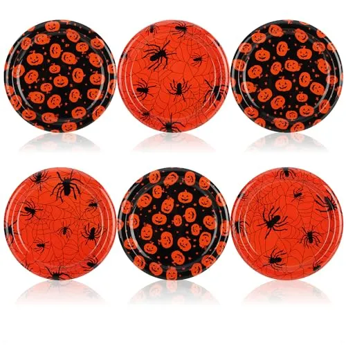 com-four® 6x Dekoteller Halloween - hochwertige wiederverwendbare Kunststoffteller im Spinnen- und Kürbis-Design - lebensmittelechte Dekoplatten - abwaschbare Zierteller (6 Stück - Spinne + Kürbis)