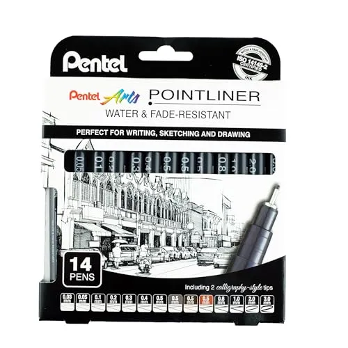 Pentel Pointliner YS20P-14 Set Fineliner - Schreibutensilien mit 14 wasserfesten und lichtechten Finelinern in verschiedenen Strichstärken, ideal für Zeichnen, Skizzieren und Kalligraphie.