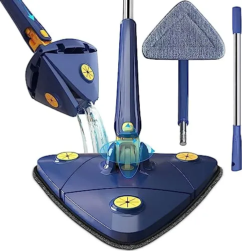360° drehbarer verstellbarer Reinigungsmopp dreieckiger Reinigungsmopp Teleskop-Schrubber Bürste für Hartholz, Fenster, Boden, Wand, Fliesen, Dreieck, Mop-Set mit 6 Tüchern (blauer Mop)