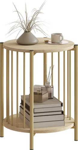 HOMCOM Beistelltisch, 2-stufiger Ablagetisch mit Stahlgestell, Couchtisch für Wohnzimmer und Schlafzimmer, Ø 41 x 49 cm, Holzoptik