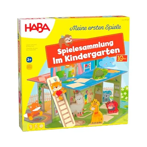 HABA Im Kindergarten Spielesammlung - 10 Spielideen mit 3D-Spielhaus - Gesellschaftsspiel für Kinder ab 2 Jahren, fördert Sprachentwicklung und Kreativität durch 10 abwechslungsreiche Spielideen mit hochwertigen Holzfiguren.