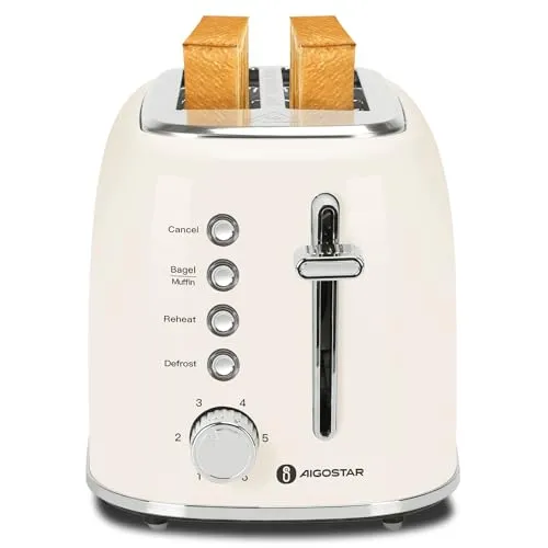 Aigostar Toaster 2 Scheiben, Retro Edelstahl Creme, 4 Funktionen (Bagel/Auftauen/Aufwärmen/Abbrechen), Extra Breite Toastschlitze, 6 Bräunungsstufen, Liftfunktion, 800W. Retro Cream