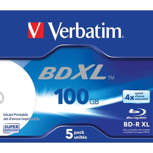 VERBATIM 43789 - BD-R XL 100GB, bedruckbar, 5er Pack - Rohlinge: BD-R XL 100 GB mit 4x Geschwindigkeit, ideal für großflächigen Druck. Perfekt für BD-XL-Player und -Brenner, bietet eine hohe Speicherkapazität für Ihre Daten!