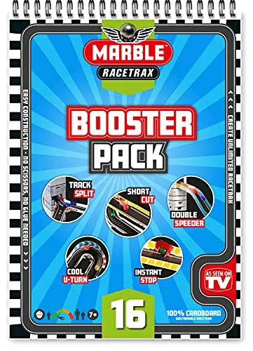 Marble Racetrax 869201 - Murmel Mania Rennbahn Zubehör Set 16 teilig, Kugelbahn Erweiterung mit 5 Stunts, Murmelbahn Bastelset, Bauset aus FSC Karton, Konstruktionsset für Kinder ab 7 Jahre