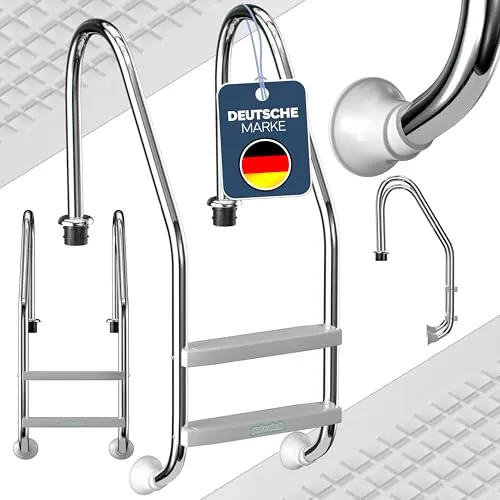 Poolomio Edelstahl Poolleiter 2-stufig Standard-Modell - Hochwertige Edelstahl-Poolleiter für komfortablen Ein- und Ausstieg, geeignet für Einbaupools mit einer Belastbarkeit von bis zu 110 kg.