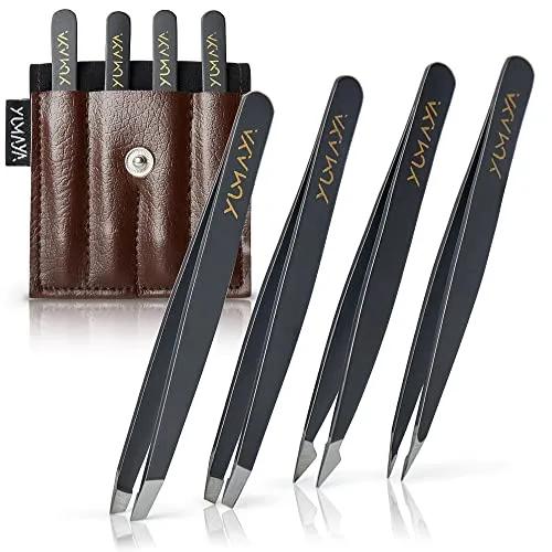 YUMAYA® Pinzetten Set Augenbrauen zupfen 4-teilig mit Etui inkl. eBook | Profi Pinzette Edelstahl mit verbesserten Spitzen schräg gerade spitz | Tweezers Eyebrow Kit | Augenbrauenpinzette Profi